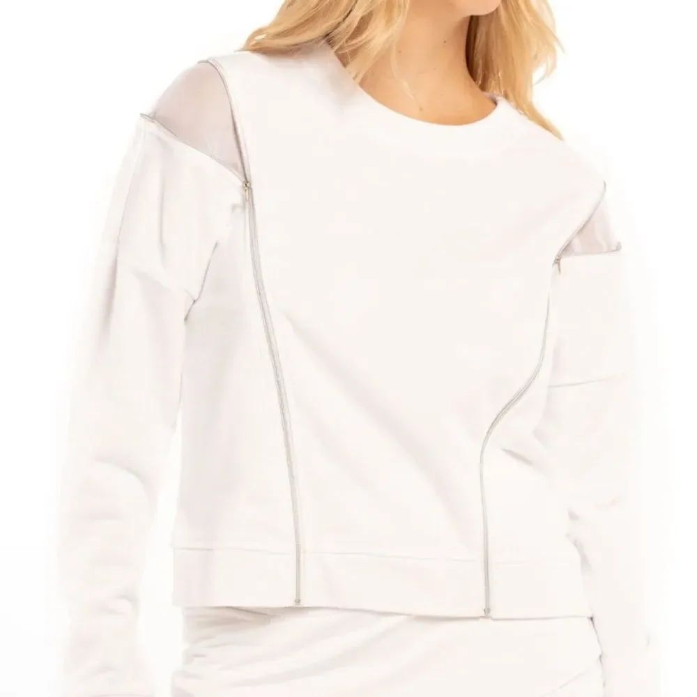 Lucky in Love White ZIPS ARE SEALED Sweatshirt/Jacket. Size Small. NWT